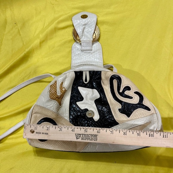 Vintage Sharif Patchwork Leather Shoulder Bag Cream Black Gold Made in USA - Picture 6 of 12